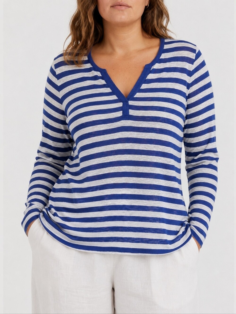 Tommy Bahama 100% Linen Sheer Blue White Striped Nautical Coastal V-Neck Top XL